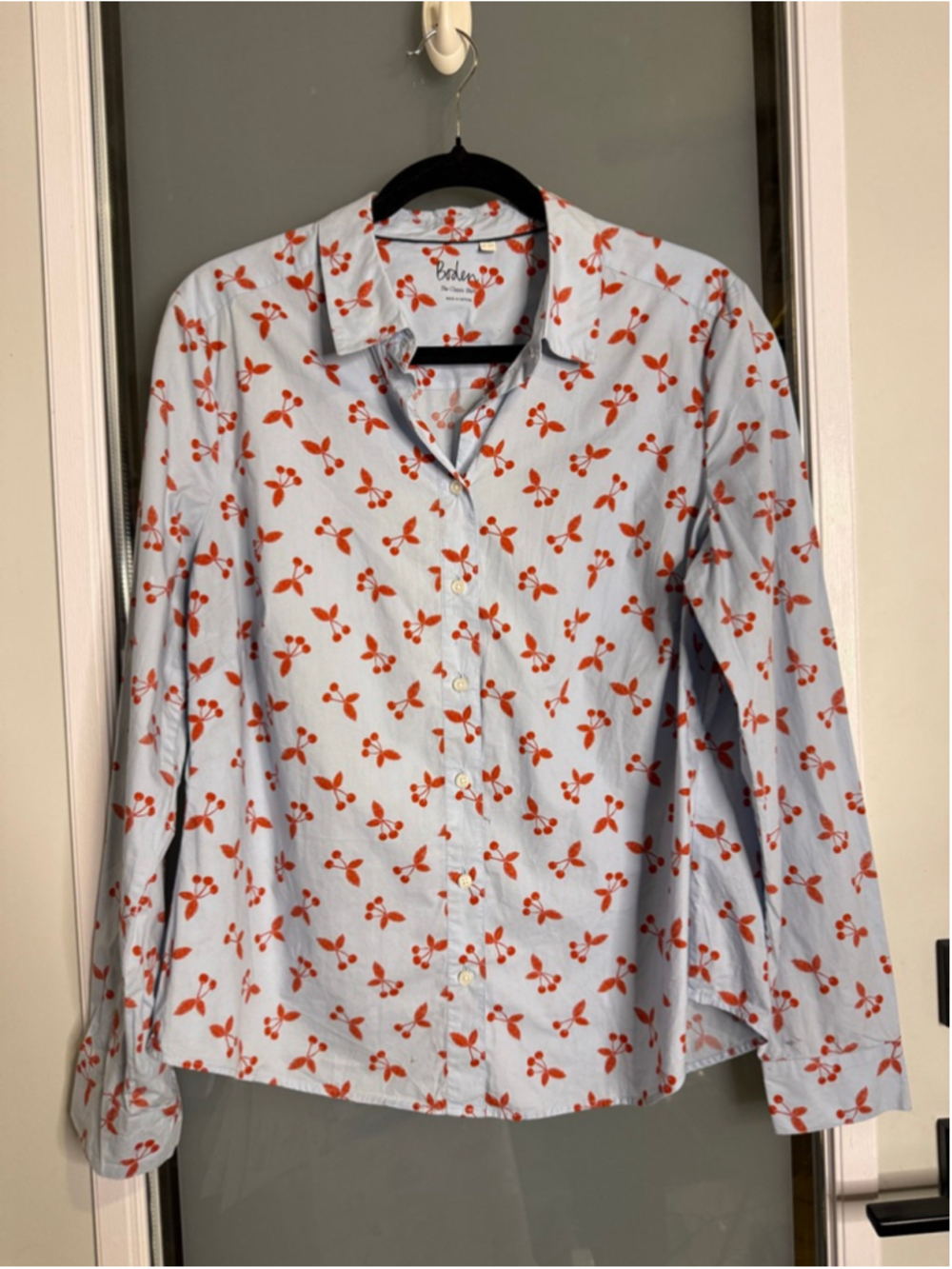 Boden "The Classic Shirt” Light Blue Red Cherry Print Button Down Shirt Size 12 - Picture 2 of 7